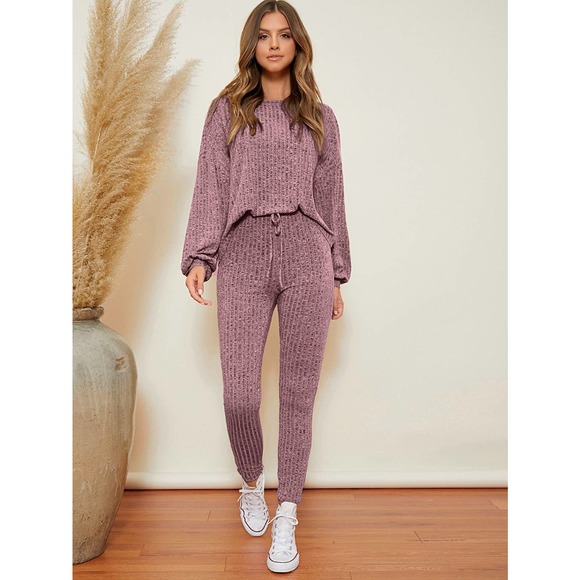 🌟2 piece set: ribbed knit Marled long sleeve Top & Knot Waist Leggings Set gray - Picture 5 of 5